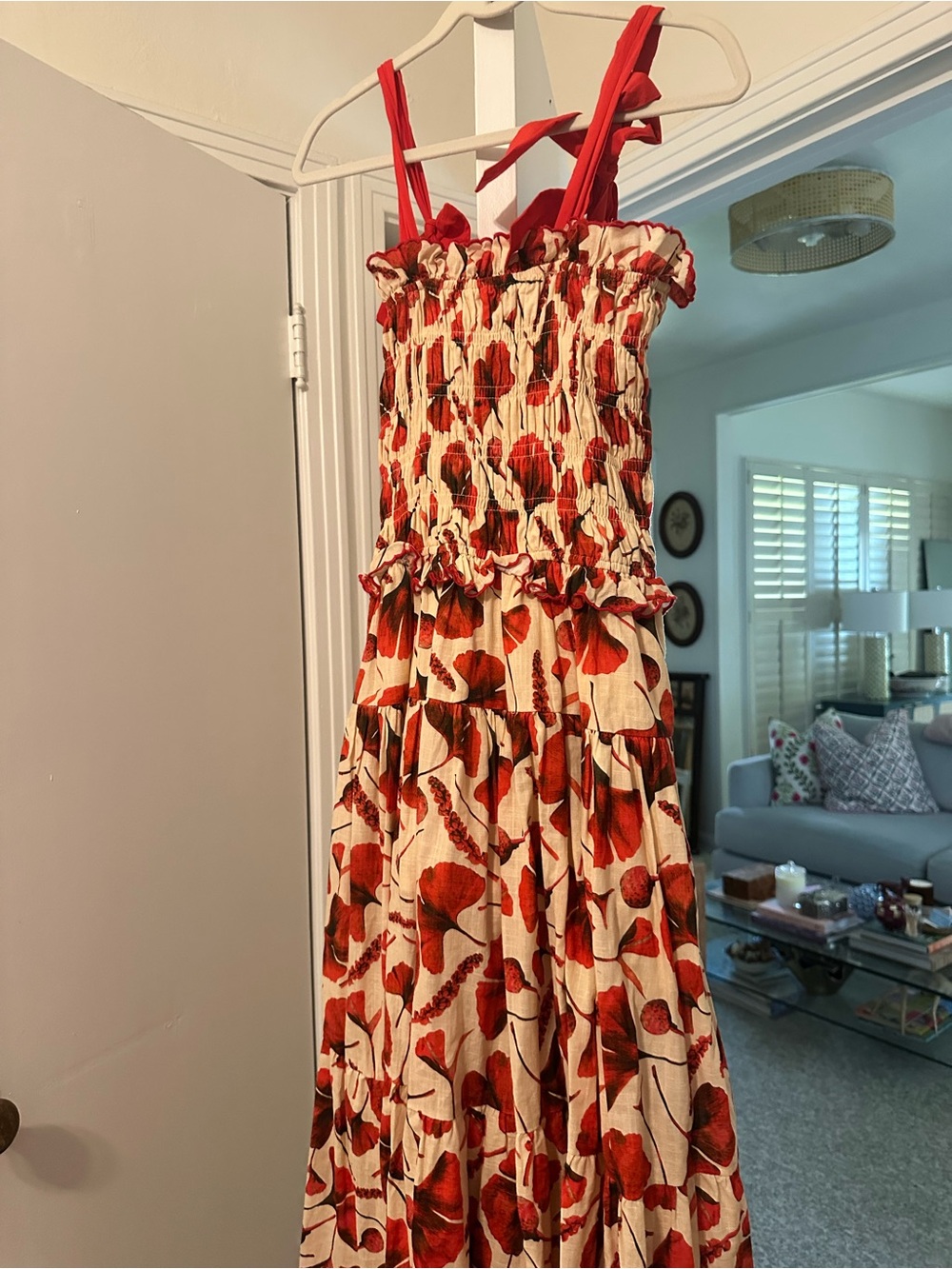 En Saison Red Floral Maxi Dress with Smocked Bodice